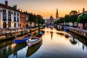 Barche siamo attraccato nel un' canale a tramonto. ai-generato foto