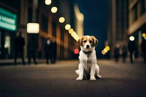 un' cane seduta su il strada a notte. ai-generato foto