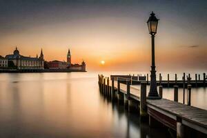 il sole sorge al di sopra di un' molo e un' Chiesa. ai-generato foto