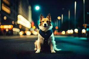 un' cane seduta su il strada a notte. ai-generato foto