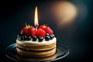 un' compleanno torta con frutti di bosco e un' candela. ai-generato foto