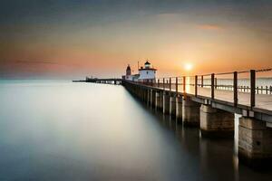 un' lungo esposizione fotografia di un' faro su un' molo. ai-generato foto