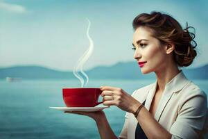 un' donna Tenere un' tazza di caffè. ai-generato foto