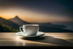 un' tazza di caffè su un' tavolo con un' Visualizza di montagne. ai-generato foto