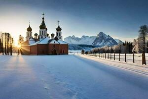 un' Chiesa nel il neve con montagne nel il sfondo. ai-generato foto