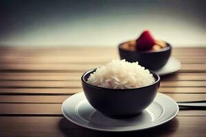 Due ciotole di riso e fragole su un' di legno tavolo. ai-generato foto