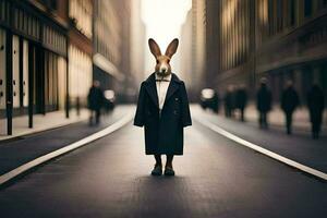 un' coniglio indossare un' completo da uomo e cravatta in piedi nel il mezzo di un' città strada. ai-generato foto