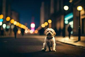 un' cane seduta su il strada a notte. ai-generato foto