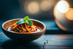 un' ciotola di pasta con pomodoro salsa e basilico le foglie. ai-generato foto