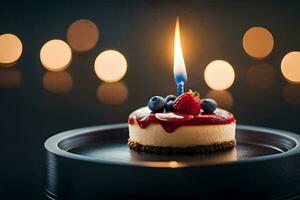 un' piccolo torta di formaggio con un' singolo candela su superiore. ai-generato foto