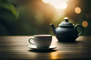 un' tazza di tè su un' di legno tavolo con un' teiera nel il sfondo. ai-generato foto
