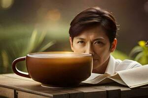 un' donna è guardare a un' grande caffè tazza. ai-generato foto