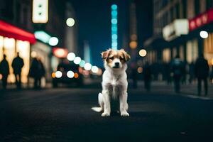 un' cane seduta su il strada a notte. ai-generato foto