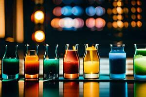 un' riga di colorato bevande nel bicchieri su un' tavolo. ai-generato foto