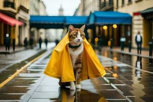 un' gatto indossare un' giallo impermeabile su un' piovoso strada. ai-generato foto