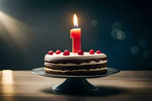 un' compleanno torta con un' singolo candela su superiore. ai-generato foto