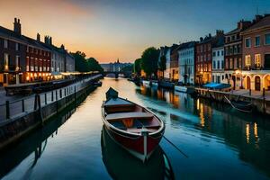 un' barca è attraccato nel un' canale a tramonto. ai-generato foto