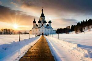 un' Chiesa nel il neve con il sole ambientazione dietro a esso. ai-generato foto