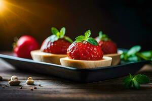 fragole nel un' piatto con menta le foglie e noccioline. ai-generato foto