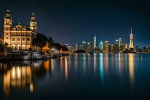 il città orizzonte a notte nel shanghai. ai-generato foto