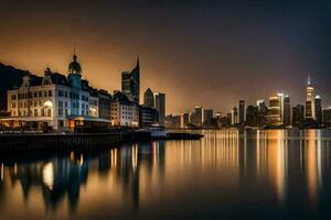 il città orizzonte a notte nel hong kong. ai-generato foto