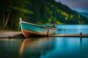 un' barca si siede su il bacino nel un' lago. ai-generato foto