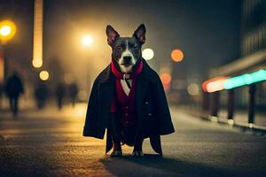 un' cane vestito nel un' completo da uomo e cravatta in piedi su il strada a notte. ai-generato foto