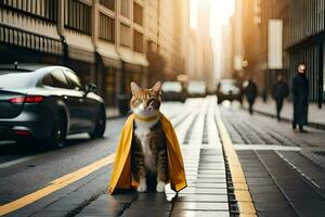 un' gatto vestito come un' supereroe su il strada. ai-generato foto