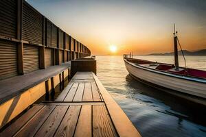 un' barca si siede su il bacino a tramonto. ai-generato foto