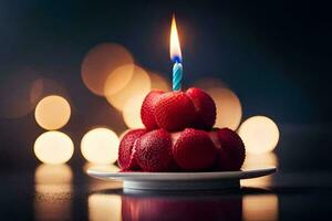 un' fragola torta con un' illuminato candela. ai-generato foto