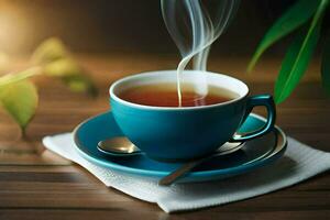 un' tazza di tè su un' di legno tavolo. ai-generato foto