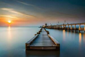 un' lungo esposizione fotografia di un' molo a tramonto. ai-generato foto