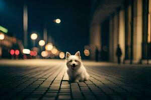 un' piccolo bianca cane seduta su il strada a notte. ai-generato foto