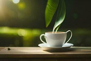 un' tazza di tè su un' di legno tavolo con un' verde foglia. ai-generato foto