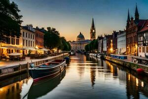 un' canale nel Bruges a tramonto. ai-generato foto