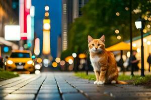 un' gatto seduta su il marciapiede nel davanti di un' città. ai-generato foto