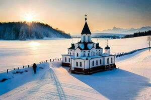 un' Chiesa nel il neve con il sole ambientazione dietro a esso. ai-generato foto