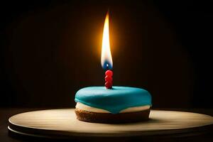 blu compleanno torta con un' singolo candela su superiore. ai-generato foto