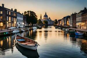 un' barca è attraccato nel un' canale a tramonto. ai-generato foto