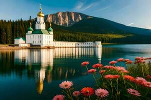 un' Chiesa nel il mezzo di un' lago con fiori. ai-generato foto