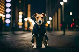 un' cane nel un' giacca seduta su il strada a notte. ai-generato foto