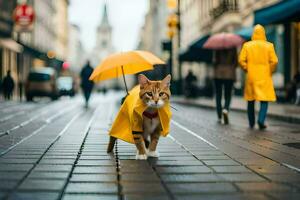 un' gatto nel un' giallo impermeabile a piedi giù un' strada. ai-generato foto