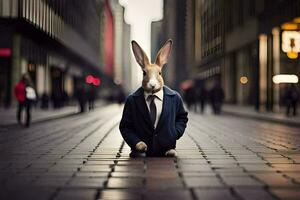 un' coniglio indossare un' completo da uomo e cravatta su un' strada. ai-generato foto