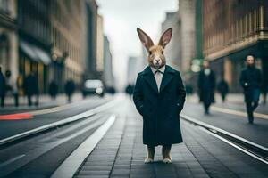 un' coniglio indossare un' completo da uomo e cravatta su un' città strada. ai-generato foto