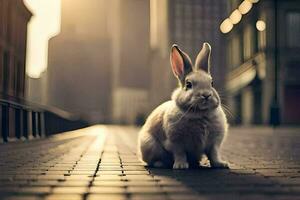 un' coniglio è seduta su il terra nel un' città. ai-generato foto