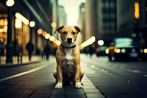 un' cane seduta su il strada nel un' città. ai-generato foto