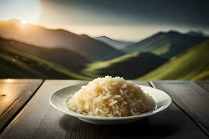 un' piatto di riso su un' tavolo nel davanti di montagne. ai-generato foto