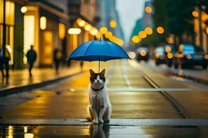 un' gatto è in piedi su un' strada con un ombrello. ai-generato foto