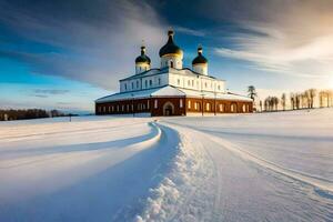 un' Chiesa nel il neve con neve su il terra. ai-generato foto