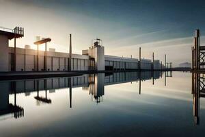 un' grande industriale edificio con un' grande acqua corpo. ai-generato foto